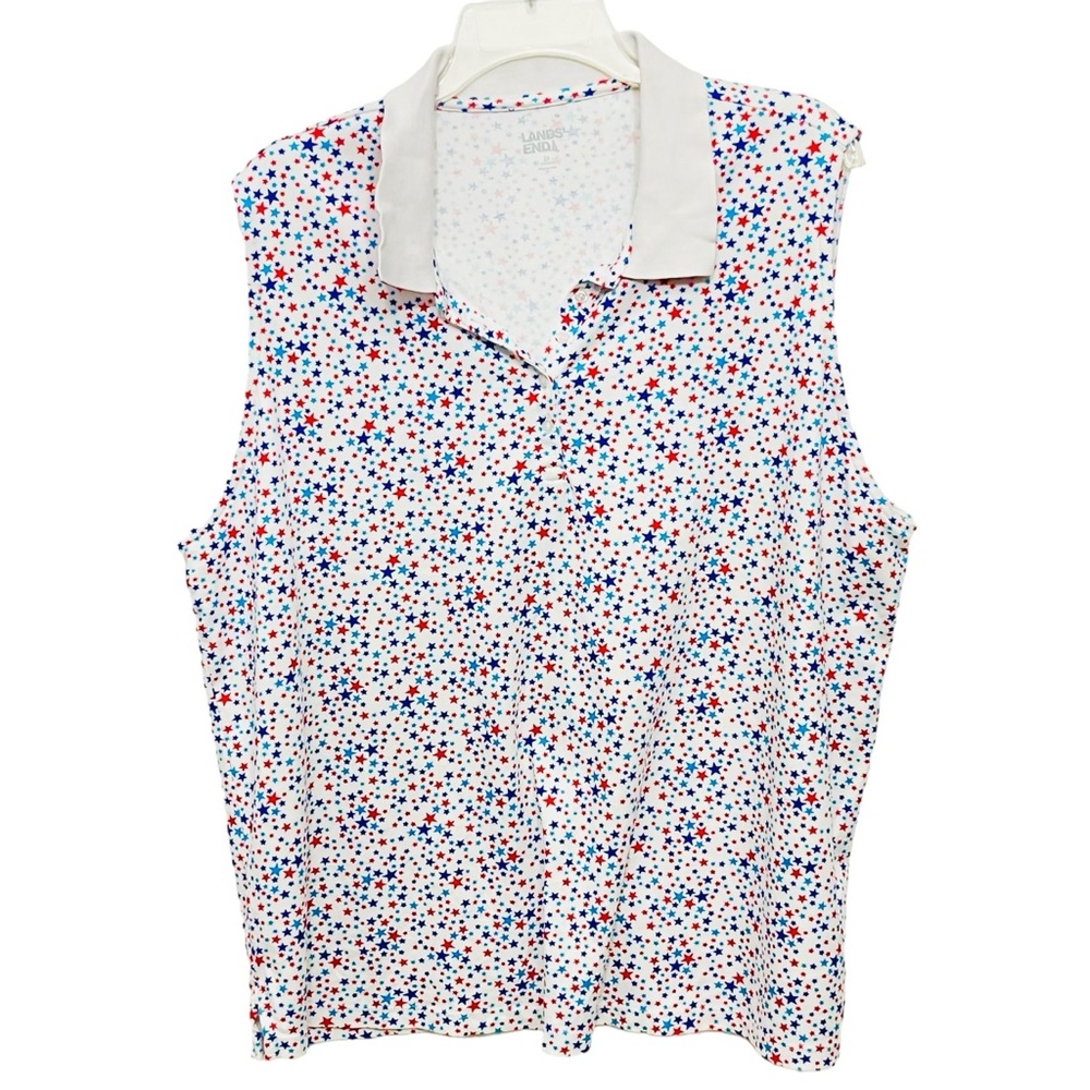 Lands' End Sz 2X Polo White Multi Stars Cotton Collared Sleeveless Shirt